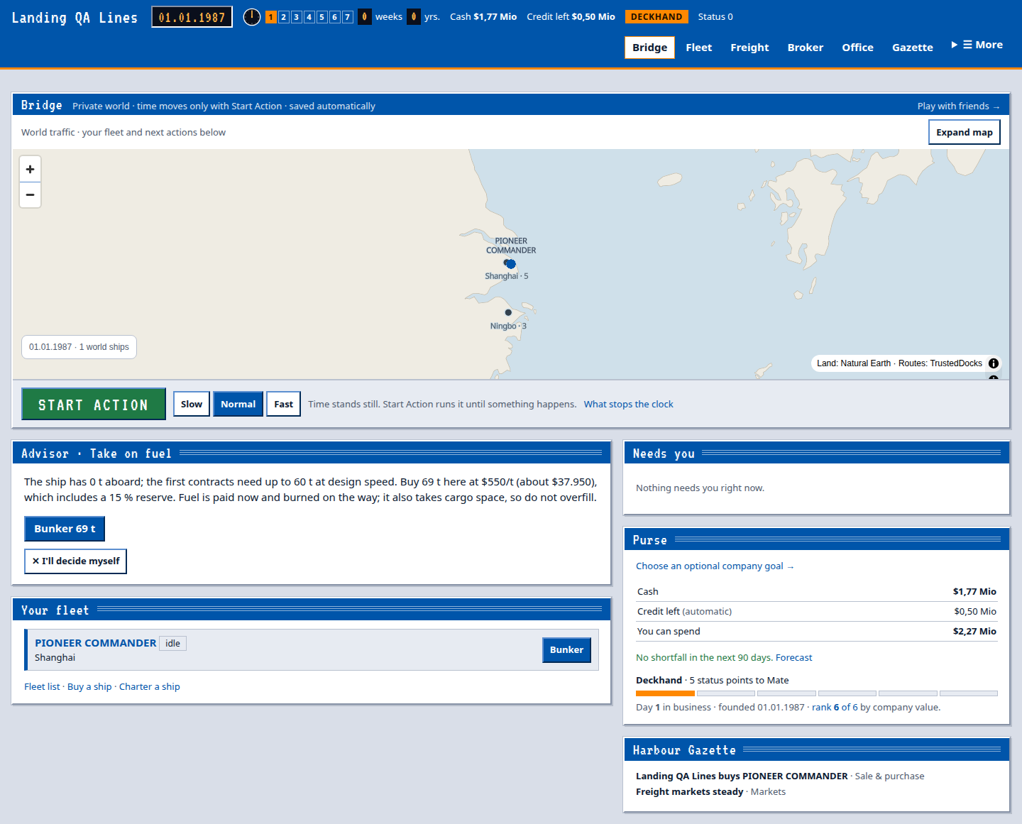 In-game bridge showing the world map, fleet controls, advisor and company finances